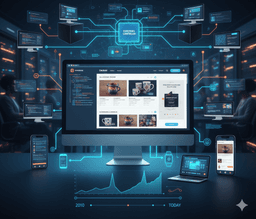 Illustration conceptuelle d'une architecture CMS Headless montrant un noyau central de contenu connecté à plusieurs écrans (ordinateur, smartphone, tablette) avec des graphiques de performance et des serveurs en arrière-plan.